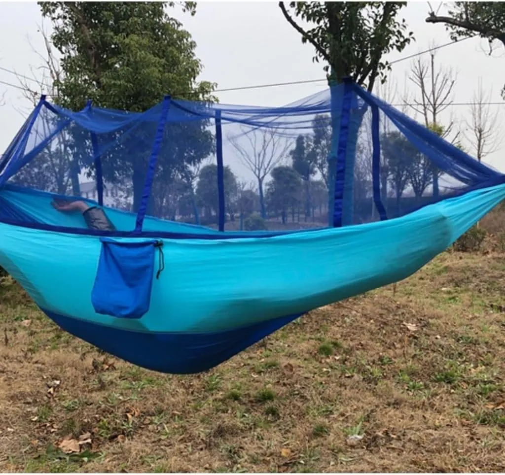 Hammock Double Outdoor Anti-Mosquito Hammock Automatic Quick Opening with Mosquito Net Parachute Cloth Single Double Hammock Outdoor(Blue,A)
