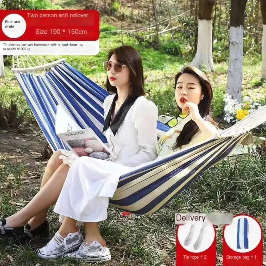 Hammock Double Outdoor Thickened Canvas Outdoor Bent Wooden Stick Hanging Sheet Double Hammock Swing Dormitory Camping Hammock Outdoor(B)