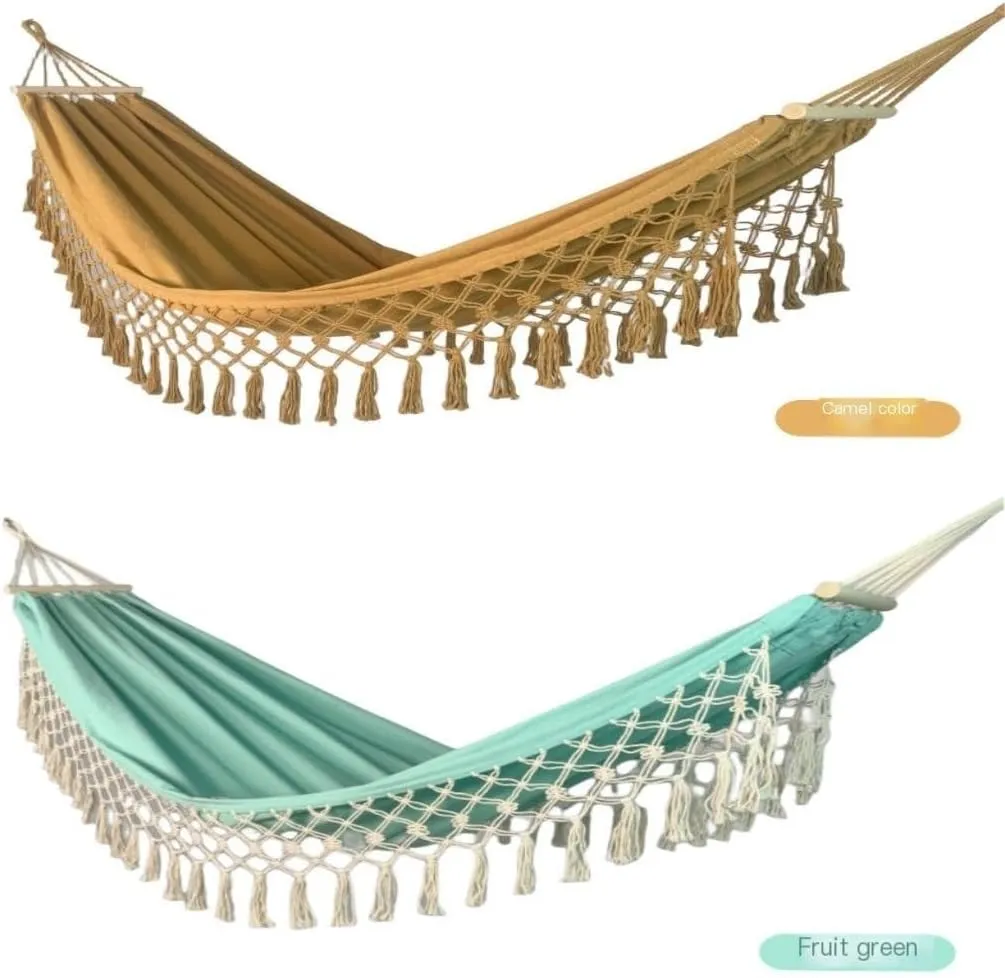 Hammock Double Wooden Stick Anti-Rollover Canvas Hammock Outdoor Supplies Indoor Swing Camping Exotic Style Tassel Hammock Hammock Outdoor(Green)