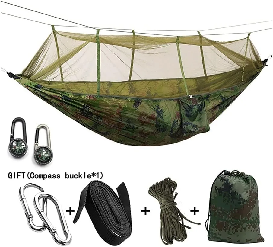 Hammock Handmade 1-2 Person Portable Outdoor Camping Hammock with Mosquito Net High Strength Parachute Fabric Hanging Bed Hunting Sleeping Swing Swing, Camouflage