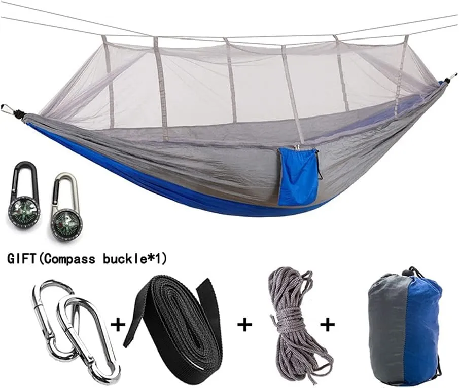 Hammock Handmade 1-2 Person Portable Outdoor Camping Hammock with Mosquito Net High Strength Parachute Fabric Hanging Bed Hunting Sleeping Swing Swing, Gray Blue
