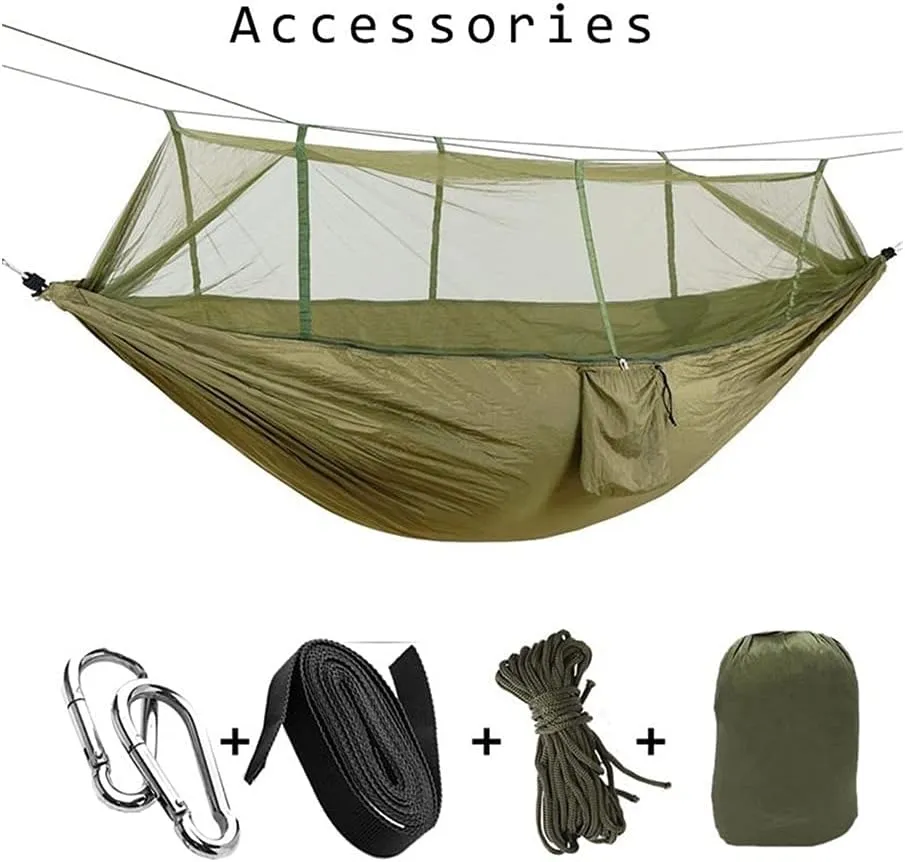 Hammock Handmade 1-2 Person Portable Outdoor Camping Hammock with Mosquito Net High Strength Parachute Fabric Hanging Bed Hunting Sleeping Swing Swing, Gray Blue