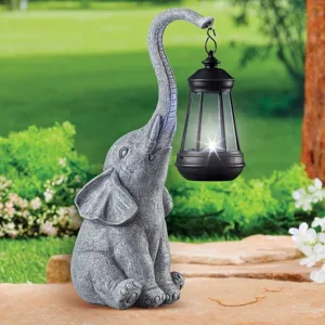 Hand-Painted Stone-Like Elephant with Solar Powered Lantern