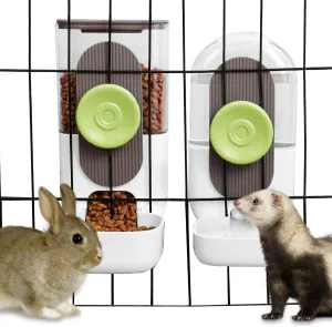 Hanging Automatic Food Water Dispenser,Gravity Rabbit Feeder and Water Dispenser Set,Cage Cat Food and Water Dispenser Food Bowl for Bunny Chinchilla Guinea Pig Hedgehog Ferret (White Brown)