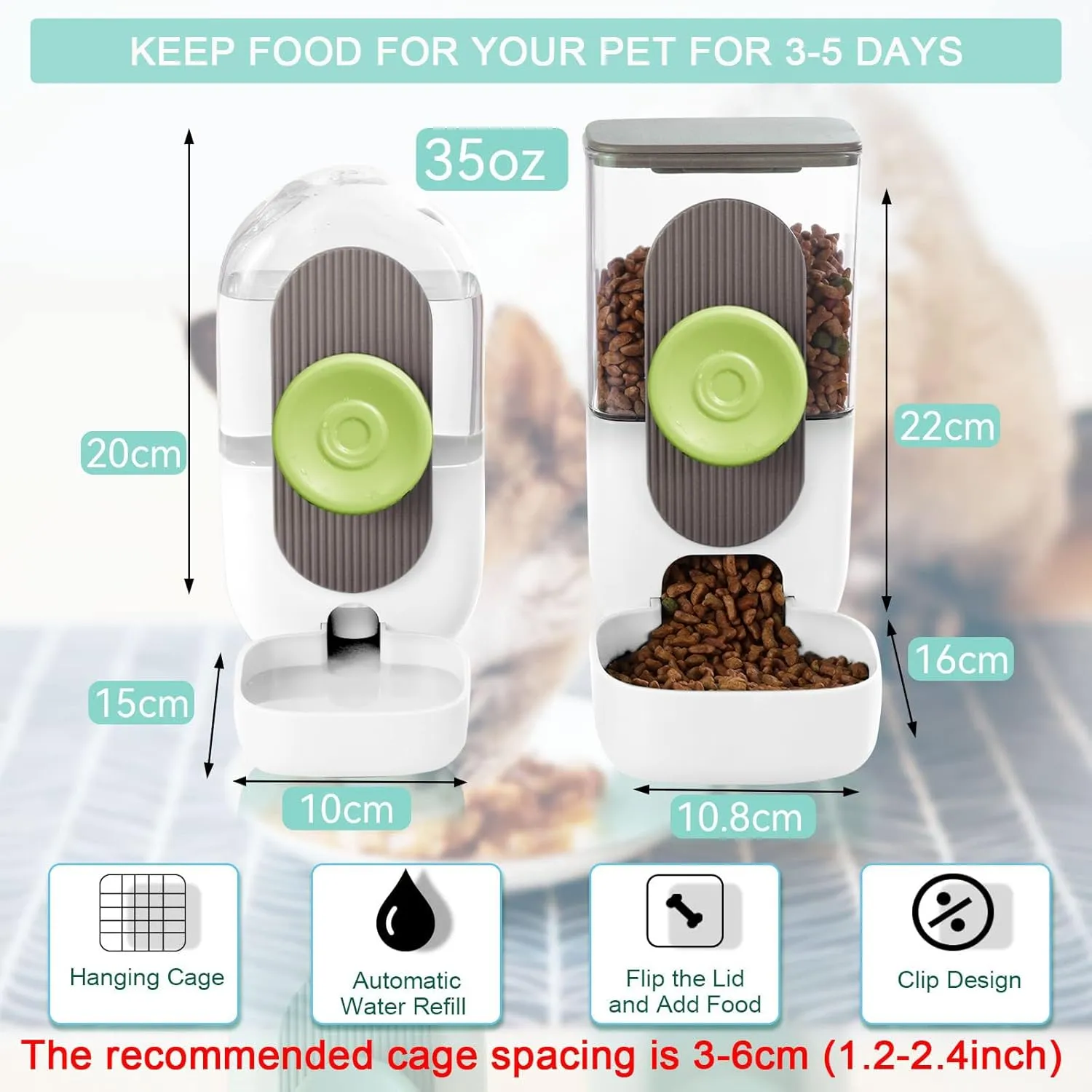 Hanging Automatic Food Water Dispenser,Gravity Rabbit Feeder and Water Dispenser Set,Cage Cat Food and Water Dispenser Food Bowl for Bunny Chinchilla Guinea Pig Hedgehog Ferret (White Brown)