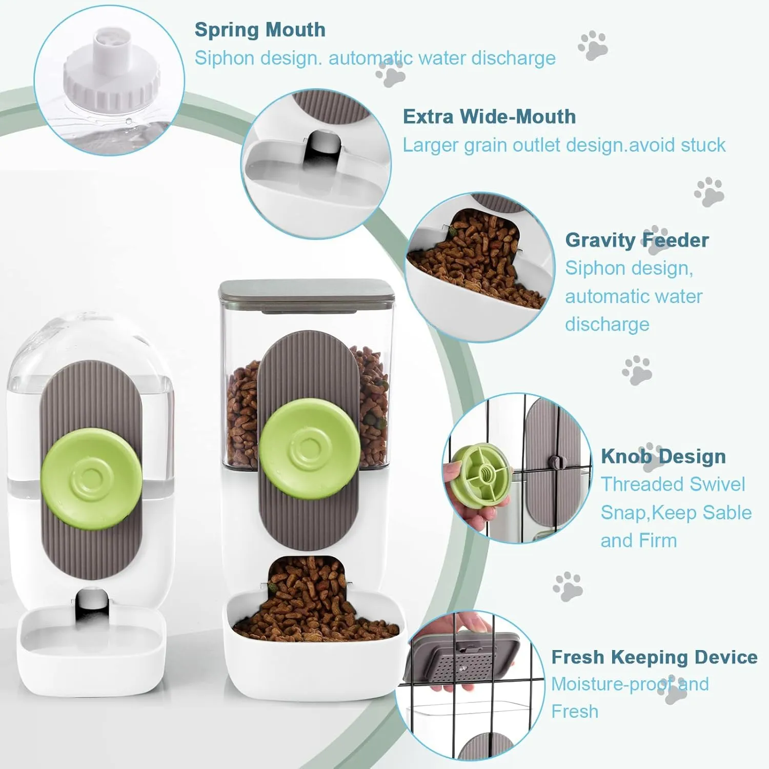 Hanging Automatic Food Water Dispenser,Gravity Rabbit Feeder and Water Dispenser Set,Cage Cat Food and Water Dispenser Food Bowl for Bunny Chinchilla Guinea Pig Hedgehog Ferret (White Brown)