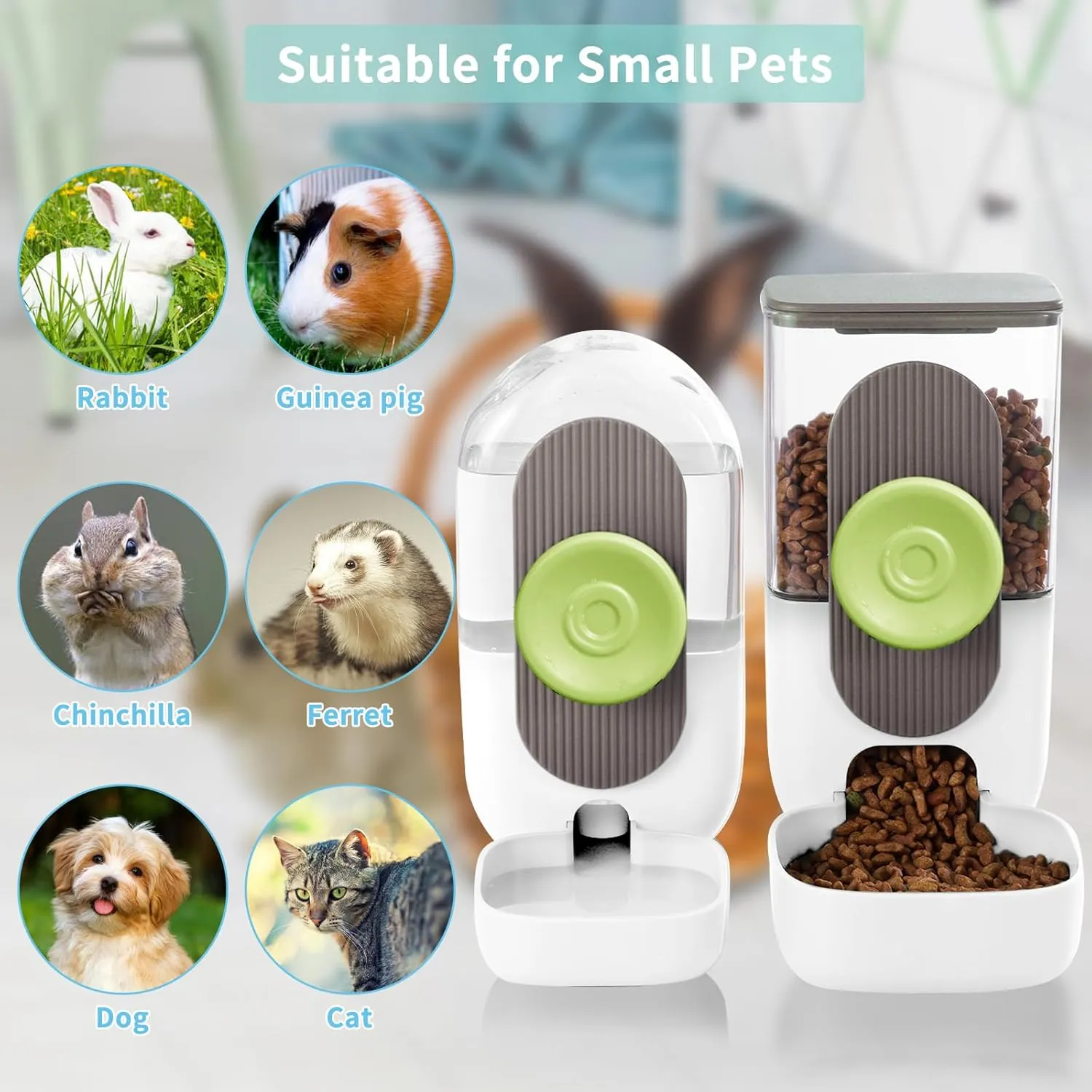 Hanging Automatic Food Water Dispenser,Gravity Rabbit Feeder and Water Dispenser Set,Cage Cat Food and Water Dispenser Food Bowl for Bunny Chinchilla Guinea Pig Hedgehog Ferret (White Brown)