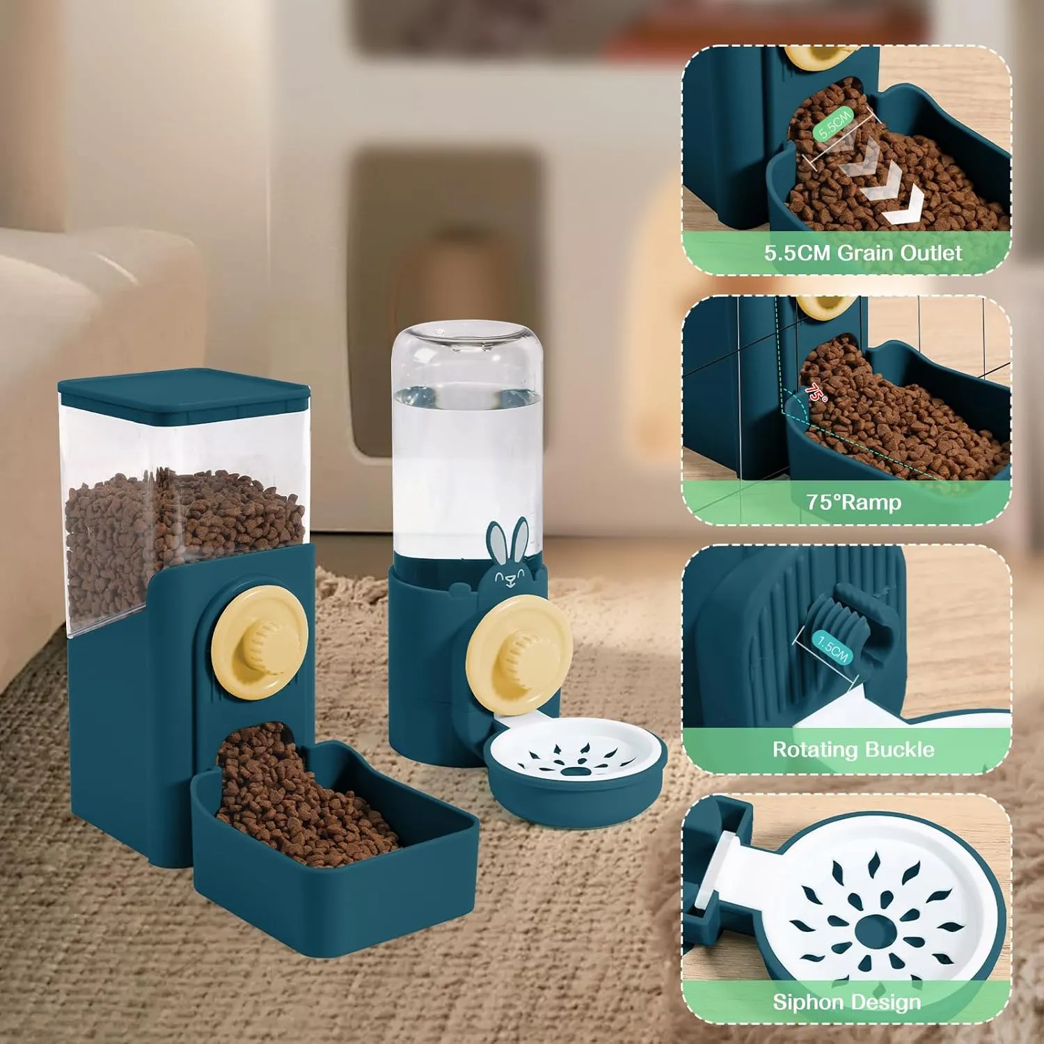 Hanging Automatic Pet Food and Water Dispenser, Auto Gravity Rabbit Ferret Bunny Hedgehog Feeder Water Dispenser Sets, Cat Dog Food and Water Dispenser Food Bowl for Cage Hanging (Dark Blue)