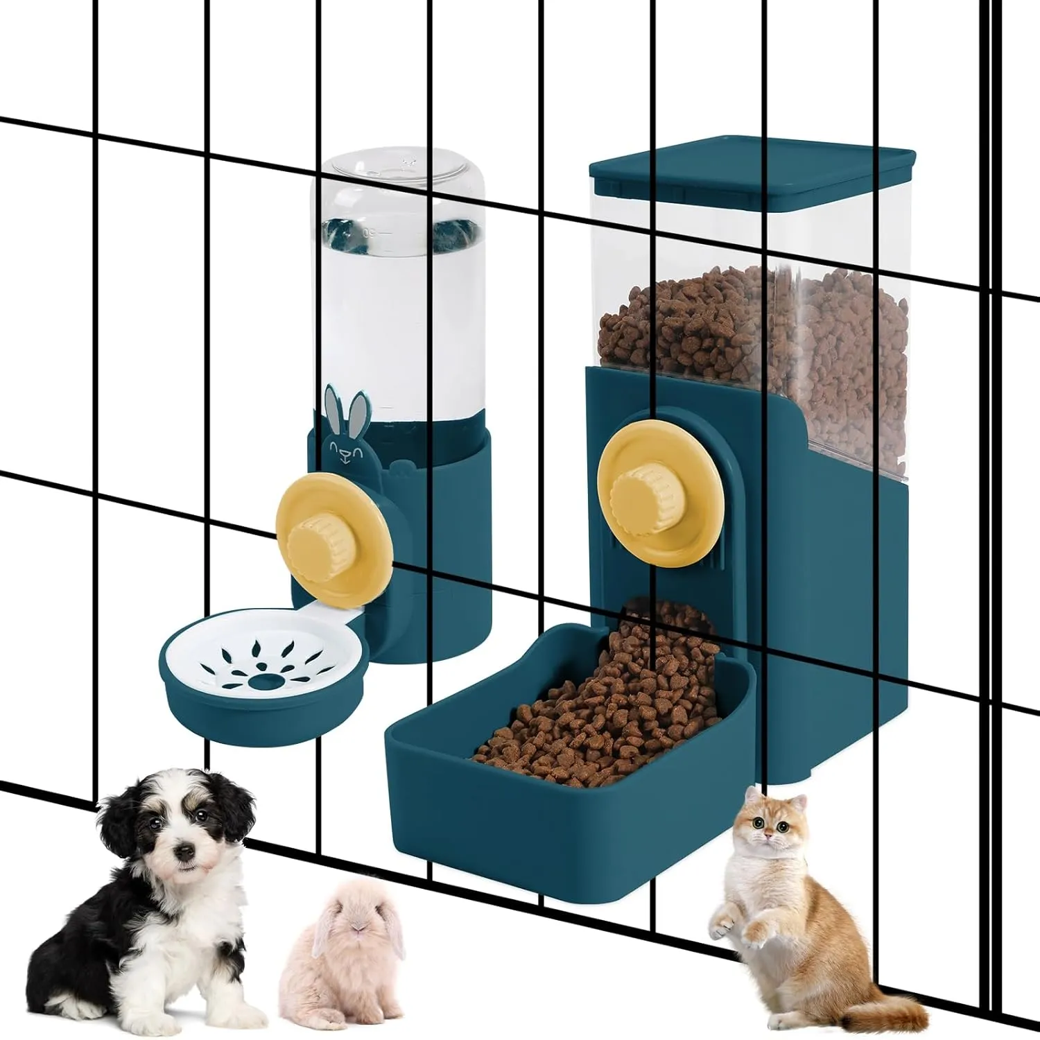 Hanging Automatic Pet Food and Water Dispenser, Auto Gravity Rabbit Ferret Bunny Hedgehog Feeder Water Dispenser Sets, Cat Dog Food and Water Dispenser Food Bowl for Cage Hanging (Dark Blue)
