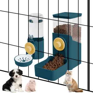 Hanging Automatic Pet Food and Water Dispenser, Auto Gravity Rabbit Ferret Bunny Hedgehog Feeder Water Dispenser Sets, Cat Dog Food and Water Dispenser Food Bowl for Cage Hanging (Dark Blue)