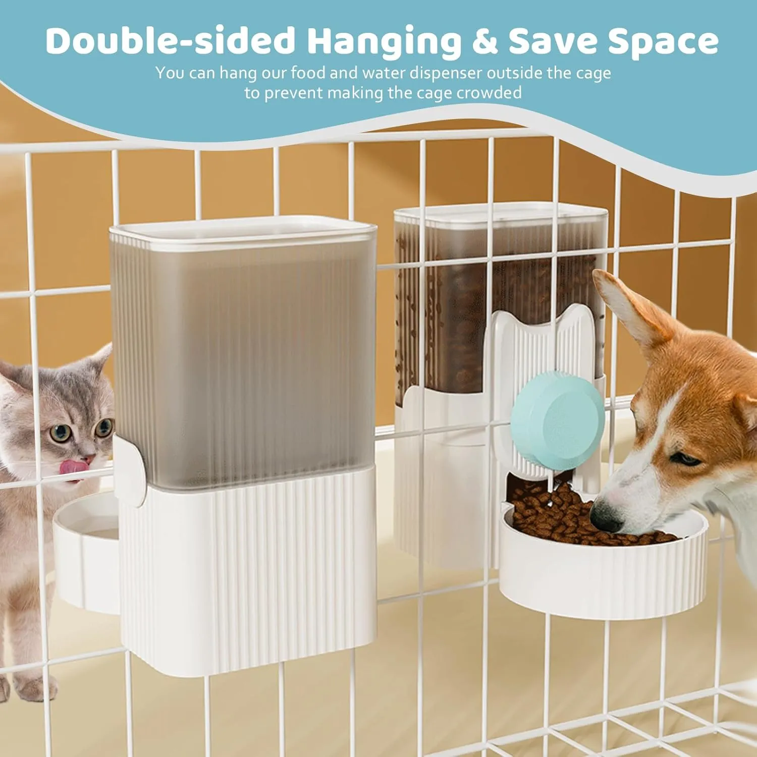 Hanging Cage Automatic Small Pet Food Bowl Water Bottle Dispenser, 1L Auto Gravity Pet Feeder and Waterer Set Kennel Feeding Station Crate Feeder Dish for Rabbit Puppy Cats Ferret (Blue)