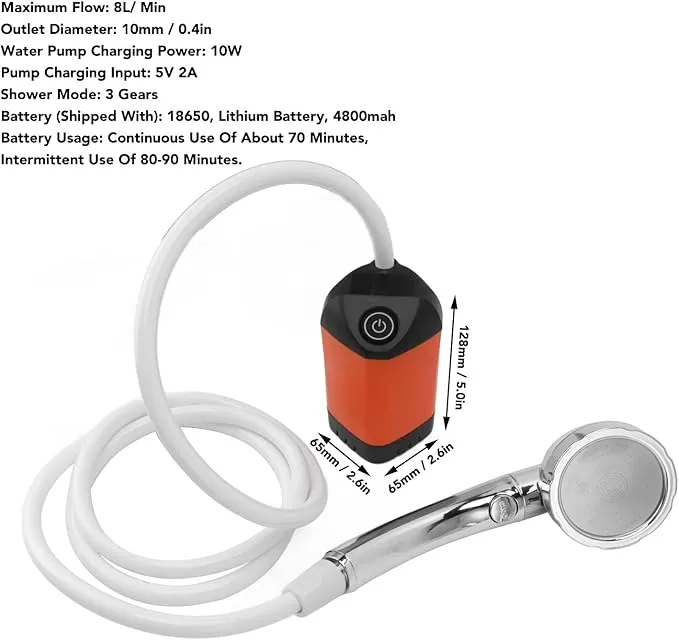 Haofy Portable Camping Shower, 3 Gears Electric Camp Shower with Rechargeable Outdoor Shower Pump and Shower Head (Orange)