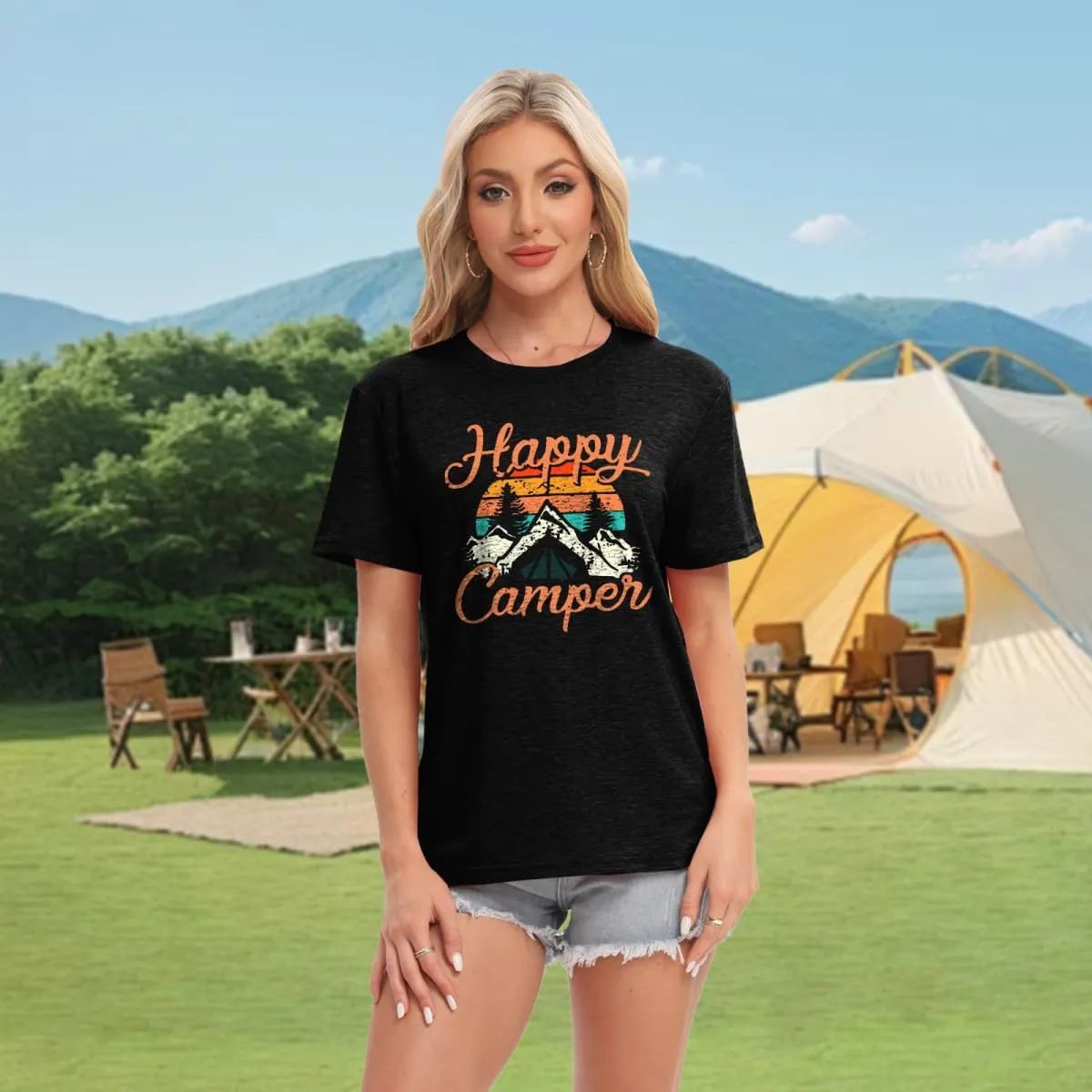 Happy Camper Shirts for Women Cute Graphic Tees Novelty Tops Summer Casual Short Sleeve Letter Printed T Shirts