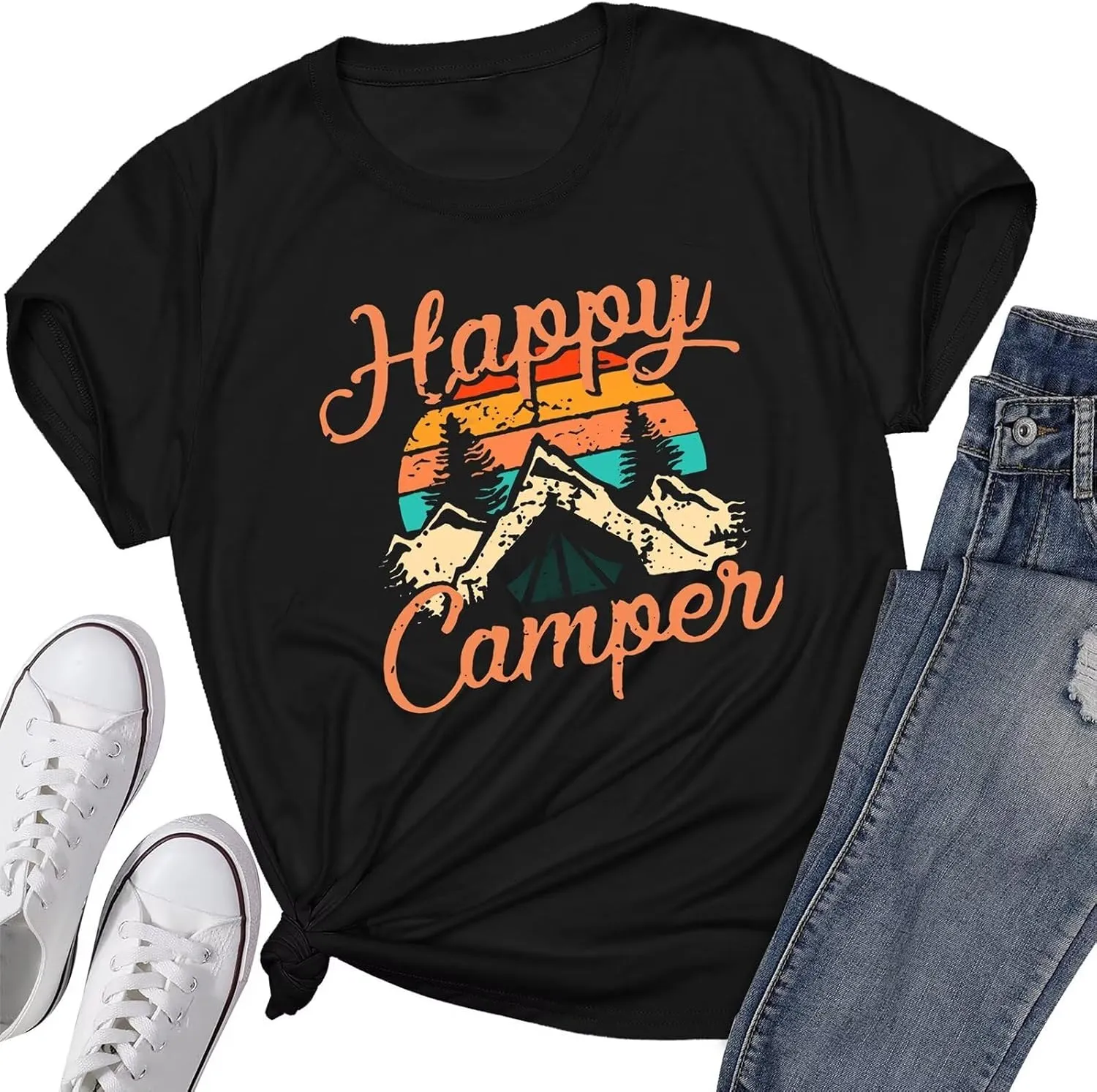 Happy Camper Shirts for Women Cute Graphic Tees Novelty Tops Summer Casual Short Sleeve Letter Printed T Shirts