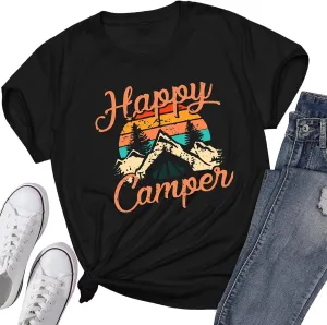 Happy Camper Shirts for Women Cute Graphic Tees Novelty Tops Summer Casual Short Sleeve Letter Printed T Shirts