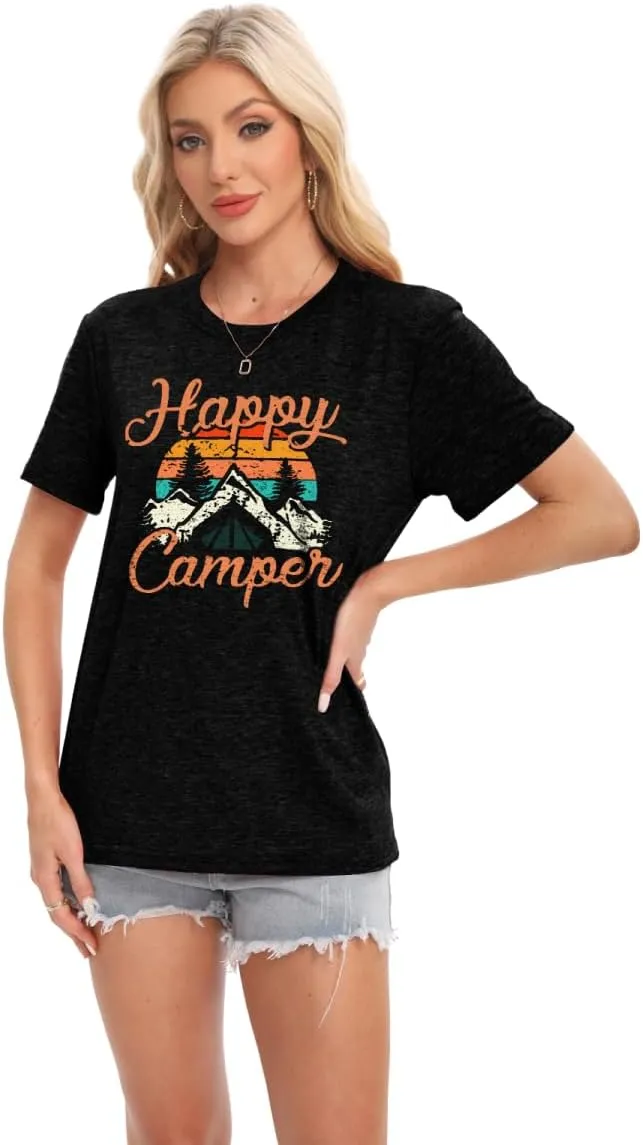 Happy Camper Shirts for Women Cute Graphic Tees Novelty Tops Summer Casual Short Sleeve Letter Printed T Shirts