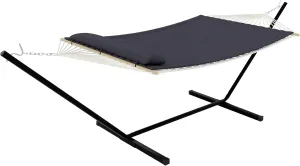 Heavy Duty 475LB Capacity Double Hammock with Stand - 2 Person Outdoor/Indoor Hammock Set with Breathable Cotton Rope & Quilted Pad for Camping, Backyard, Black