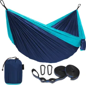 Heavy Duty Outdoor Hammocks, Nylon Parachute Material 330lbs, Portable Carrying Bag with 2 Hanging Straps, Camping, Hiking, Travel Blue