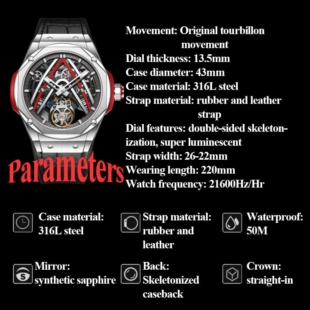 HEMUDU Genuine Flying Tourbillon Movement Mechanical Watch Skeleton Automatic Wind Luxury Wristwatches
