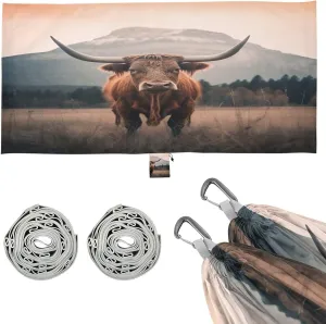 Highland Cows Camping Hammock, Single Portable Hammocks with Tree Straps & Attached Carry Bag, 330Lbs Capacity Perfect for Outside Indoor Hiking Beach Backpack Travel