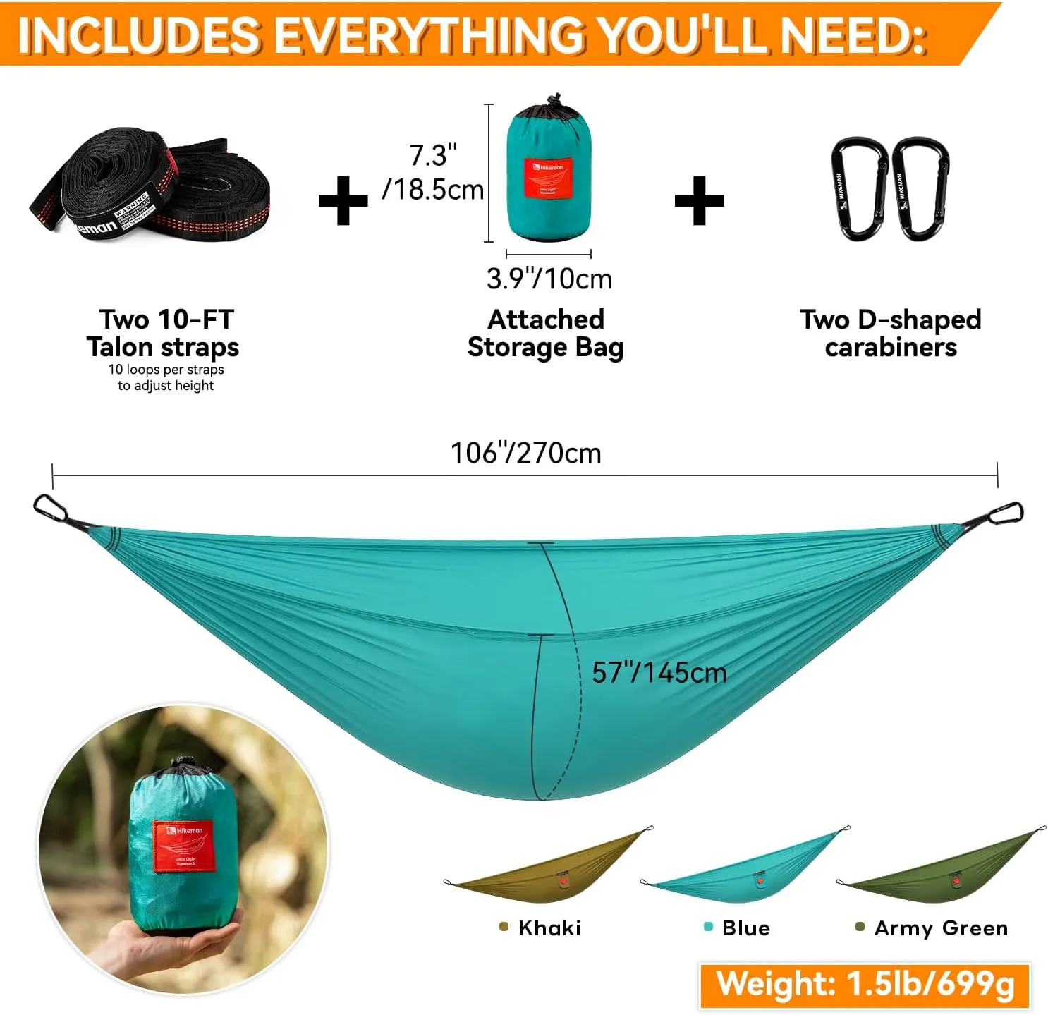 HIKEMAN Hammock for Camping Hammocks Gear for Outdoors Backpacking Survival or Travel - Portable Lightweight Nylon - Up to 440lbs(Blue)