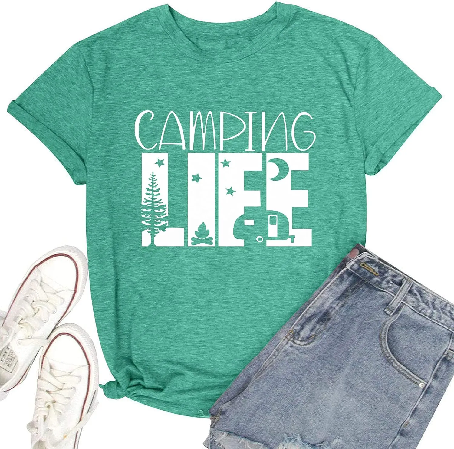 Hiking Camping Shirts for Women Funny Graphic Tees Shirts Happy Camper Letter Print Casual Tee Tops