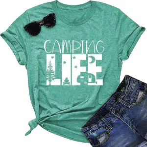Hiking Camping Shirts for Women Funny Graphic Tees Shirts Happy Camper Letter Print Casual Tee Tops