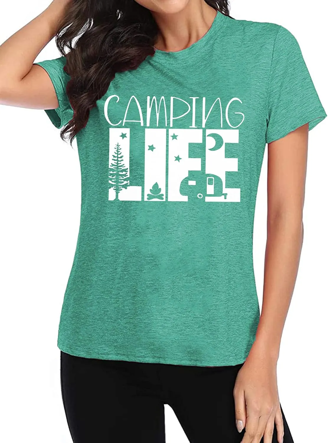 Hiking Camping Shirts for Women Funny Graphic Tees Shirts Happy Camper Letter Print Casual Tee Tops