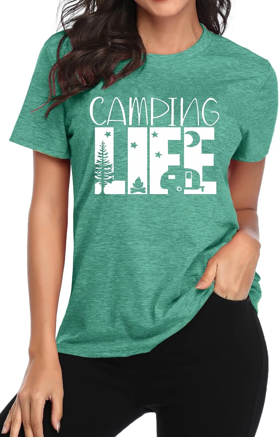 Hiking Camping Shirts for Women Funny Graphic Tees Shirts Happy Camper Letter Print Casual Tee Tops