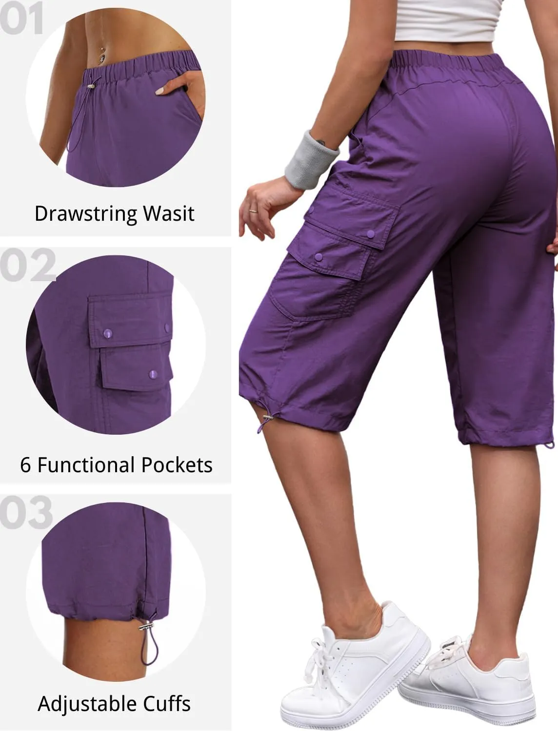 Hiking Capri Cargo Pants Women Baggy Low Rise Lightweight Summer Outdoor Casual Loose Style with 6 Pockets