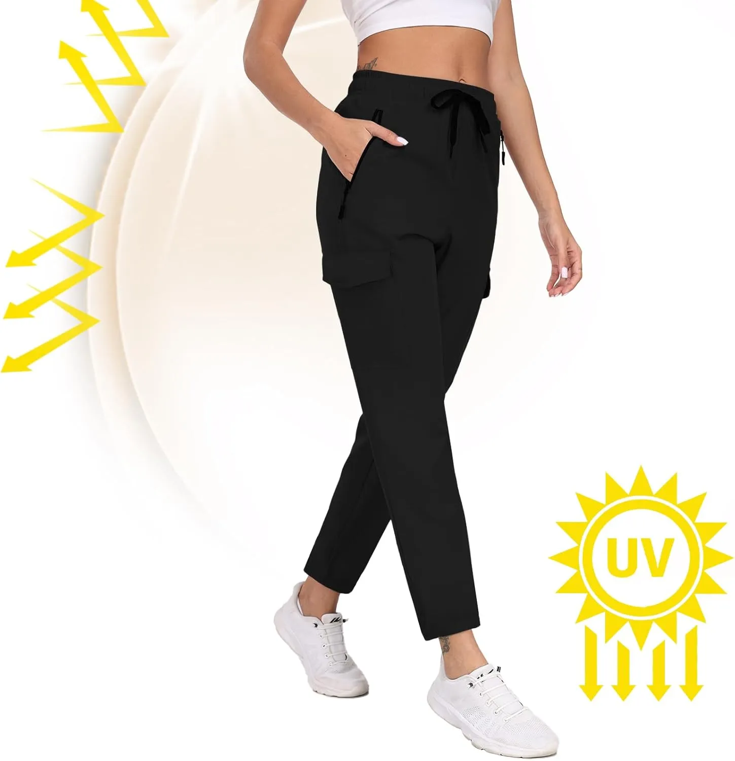 Hiking Pants for Women UPF 50  Cargo Quick Dry Water Resistant Elastic Waist Zip Pockets Travel Work Lightweight Running