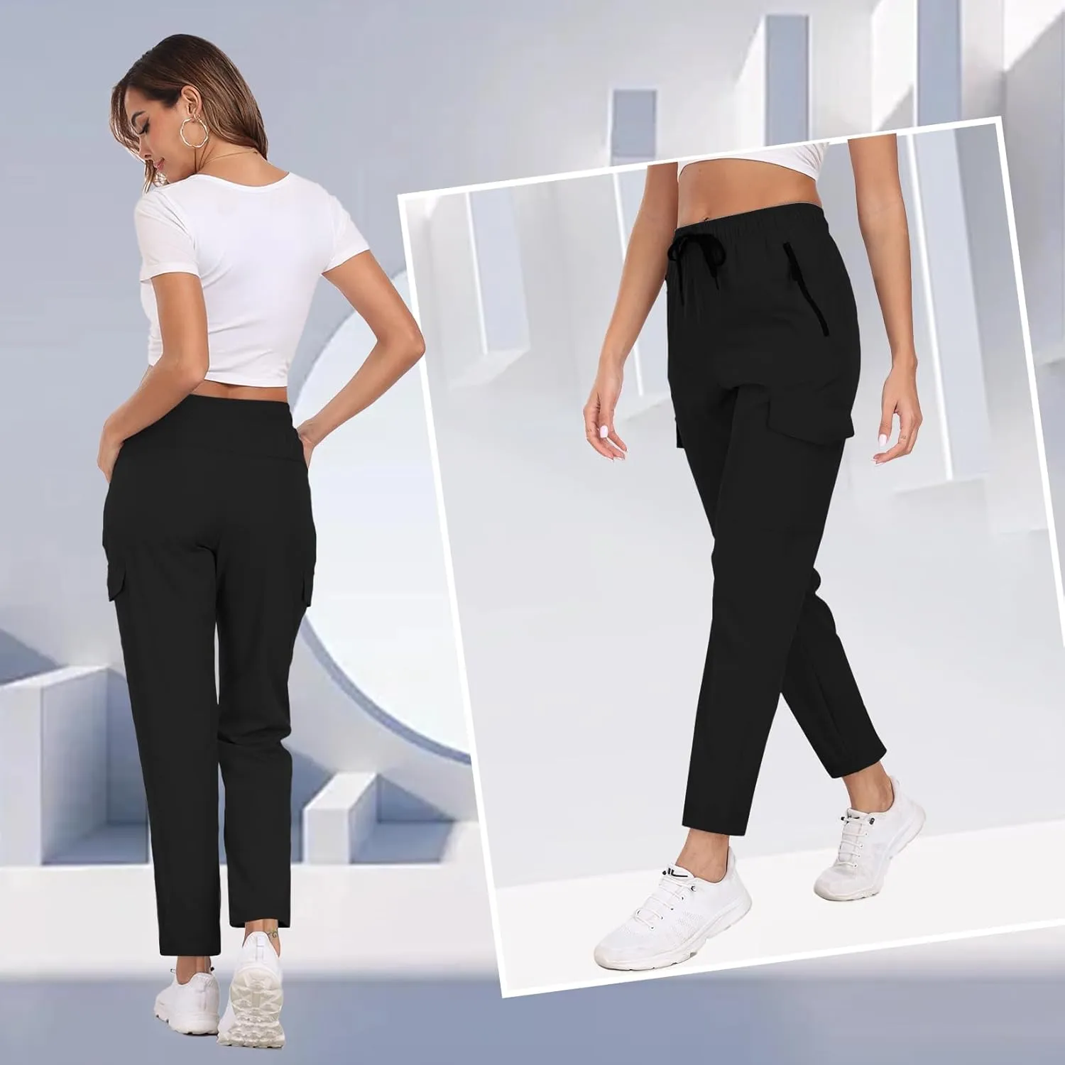 Hiking Pants for Women UPF 50  Cargo Quick Dry Water Resistant Elastic Waist Zip Pockets Travel Work Lightweight Running