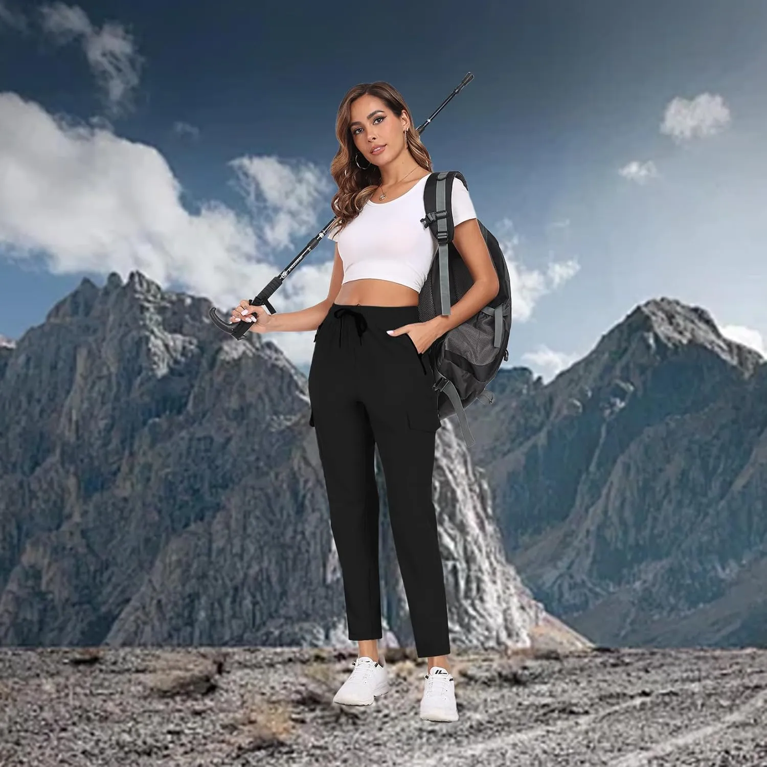 Hiking Pants for Women UPF 50  Cargo Quick Dry Water Resistant Elastic Waist Zip Pockets Travel Work Lightweight Running