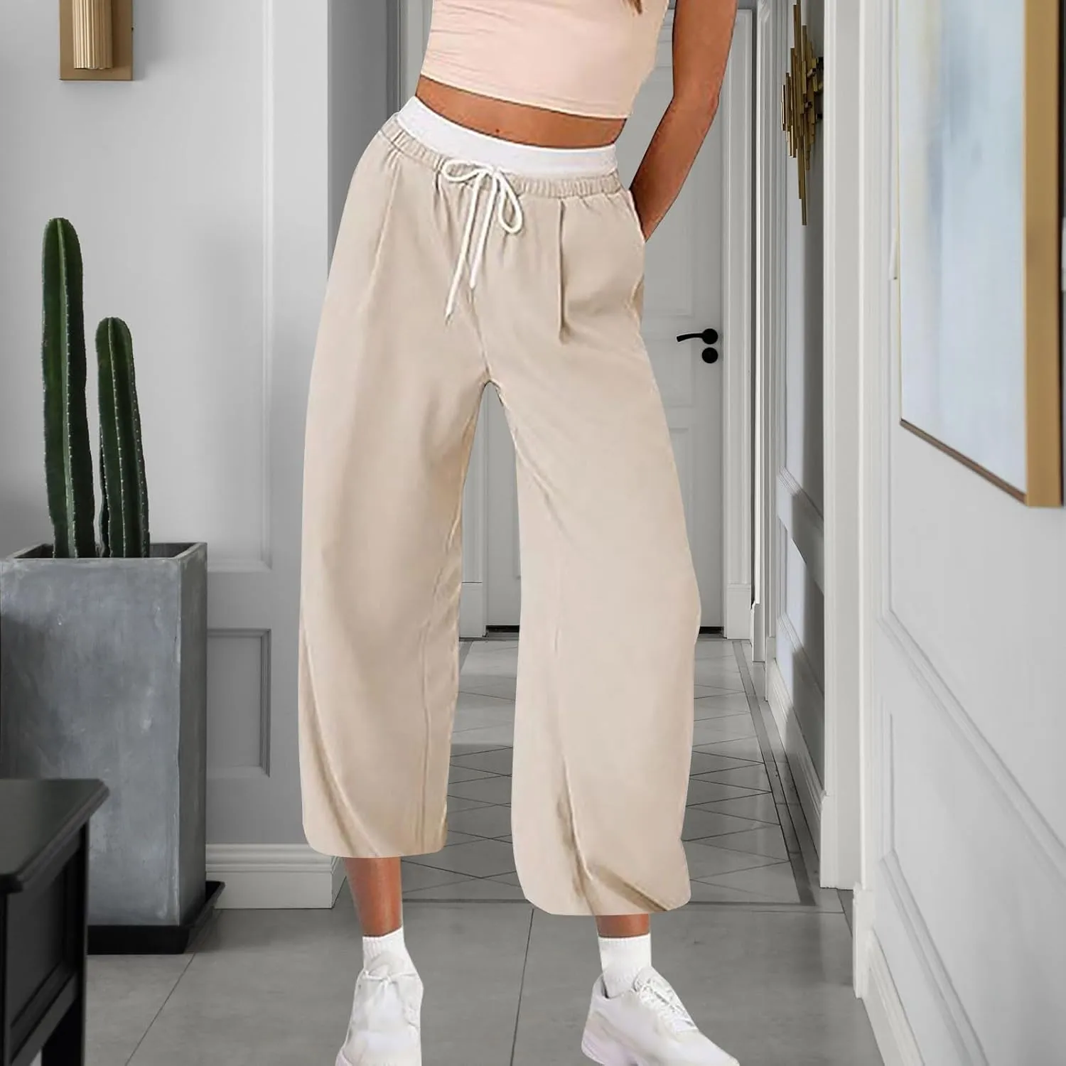 Hiking Pants Women Lightweight Travel Athletic Elastic Waist Cargo Pants Baggy Drawstring Joggers Sweatpants
