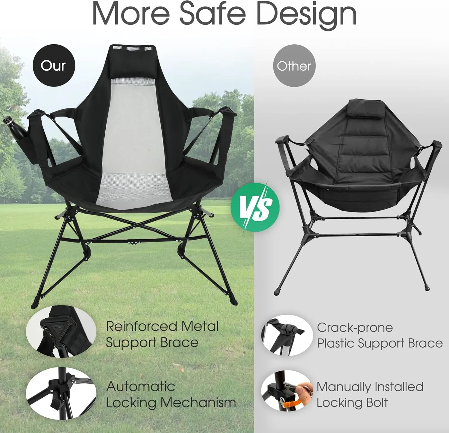 HOMEFUN Hammock Camping Chair - Portable Swinging Chairs for Adults with Stand and Storage Bag, Oversized Folding Rocking for Lawn Camp Fishing Hiking, Black