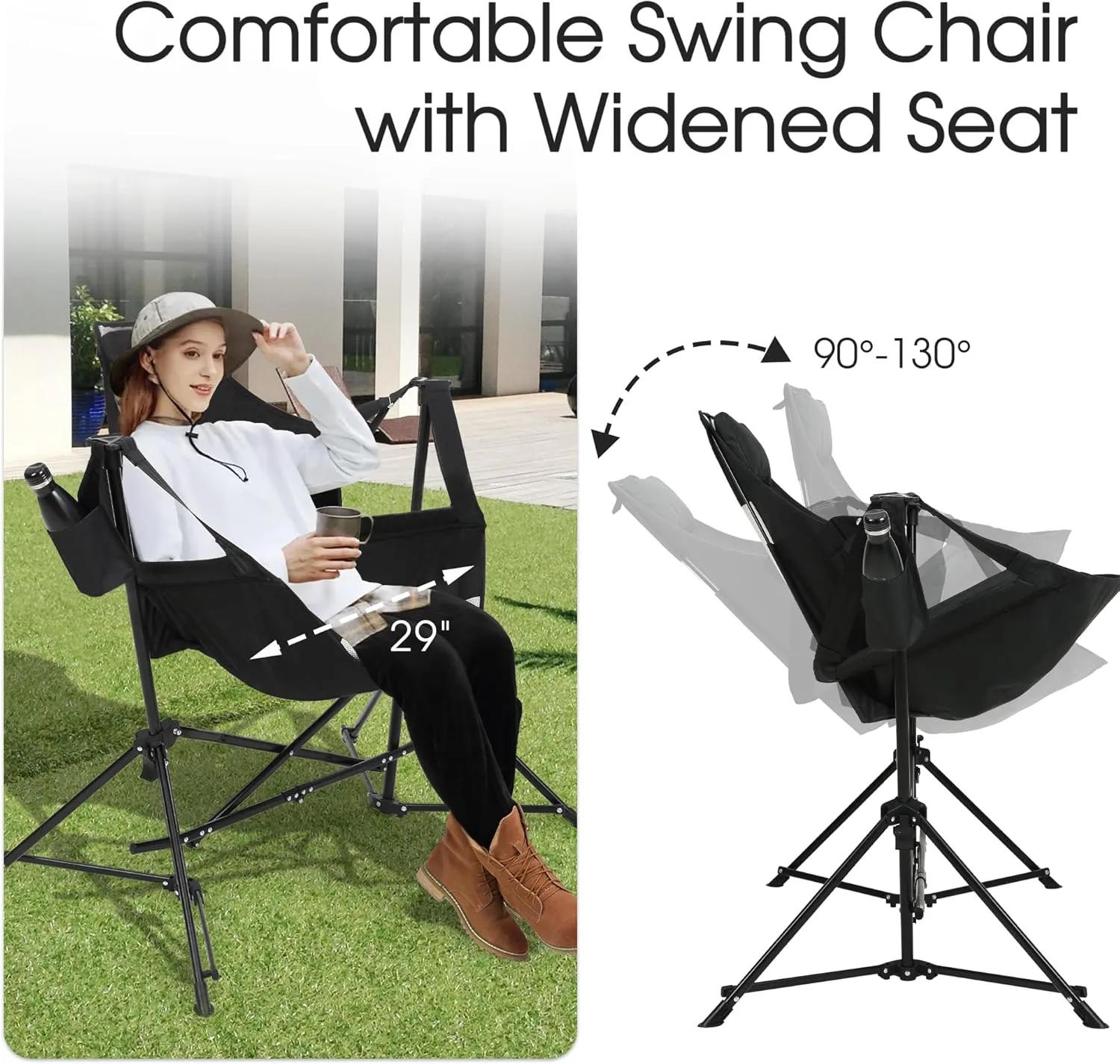 HOMEFUN Hammock Camping Chair - Portable Swinging Chairs for Adults with Stand and Storage Bag, Oversized Folding Rocking for Lawn Camp Fishing Hiking, Black