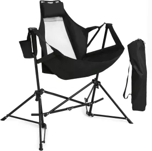 HOMEFUN Hammock Camping Chair - Portable Swinging Chairs for Adults with Stand and Storage Bag, Oversized Folding Rocking for Lawn Camp Fishing Hiking, Black