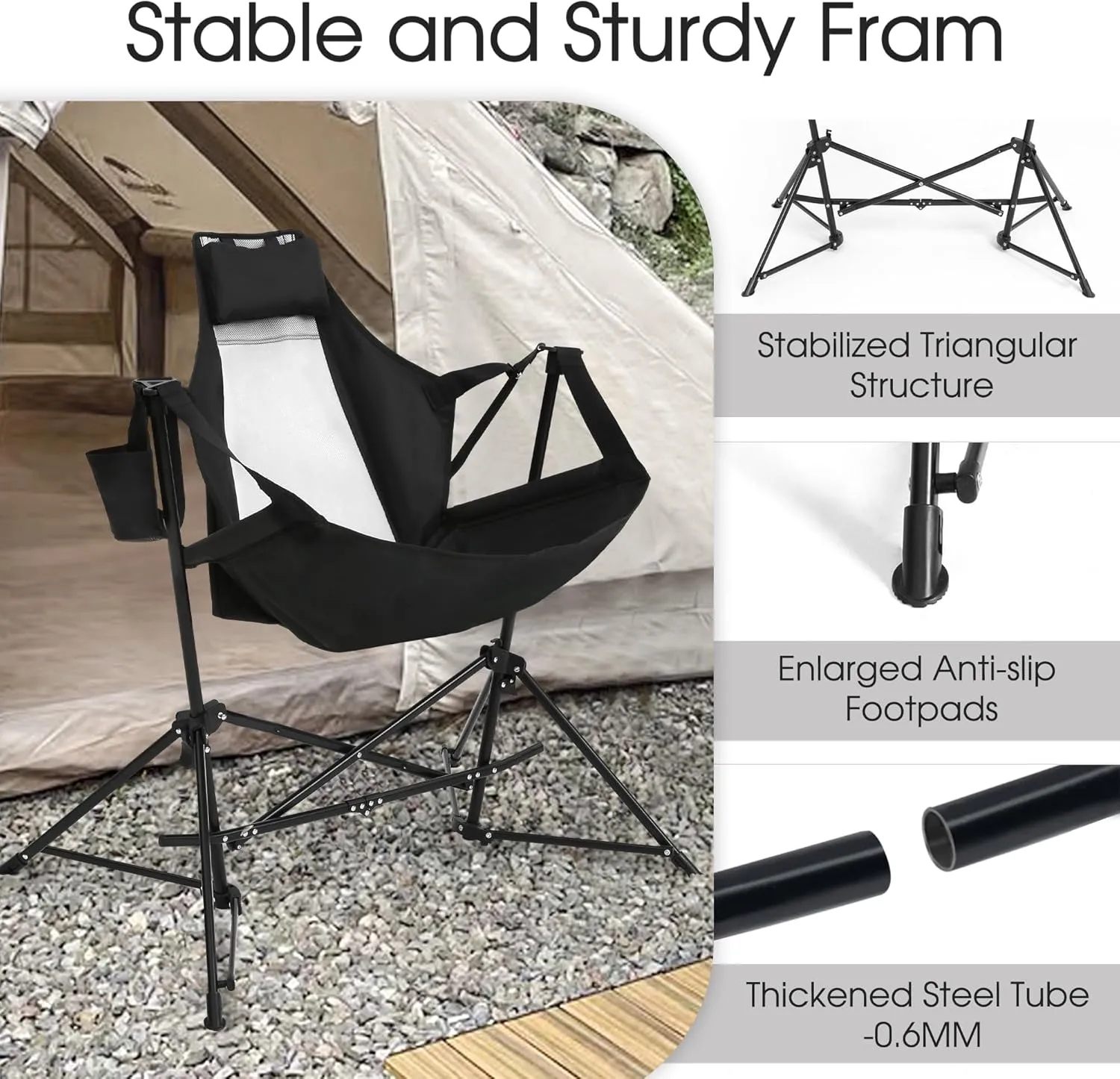 HOMEFUN Hammock Camping Chair - Portable Swinging Chairs for Adults with Stand and Storage Bag, Oversized Folding Rocking for Lawn Camp Fishing Hiking, Black