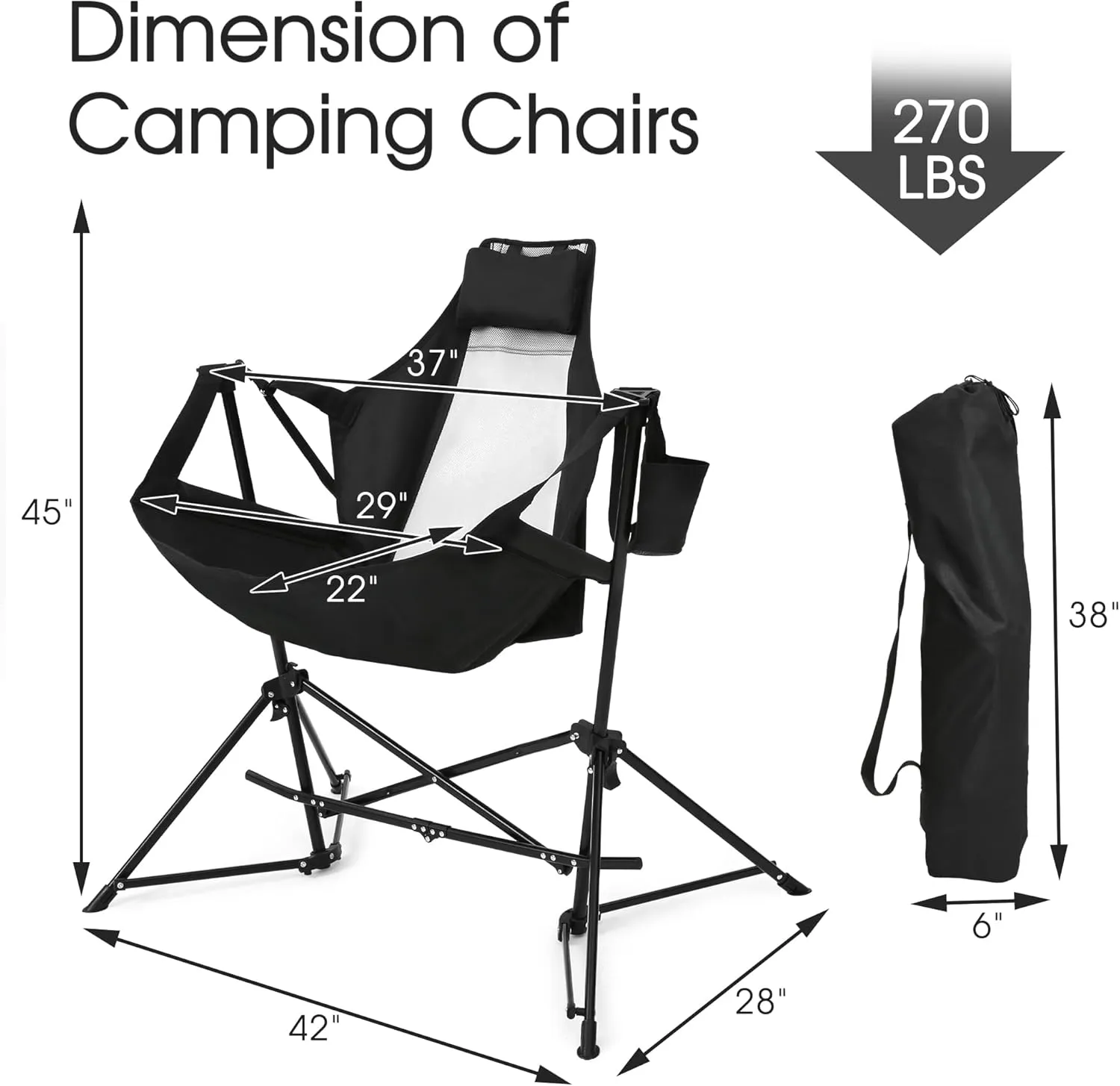 HOMEFUN Hammock Camping Chair - Portable Swinging Chairs for Adults with Stand and Storage Bag, Oversized Folding Rocking for Lawn Camp Fishing Hiking, Black