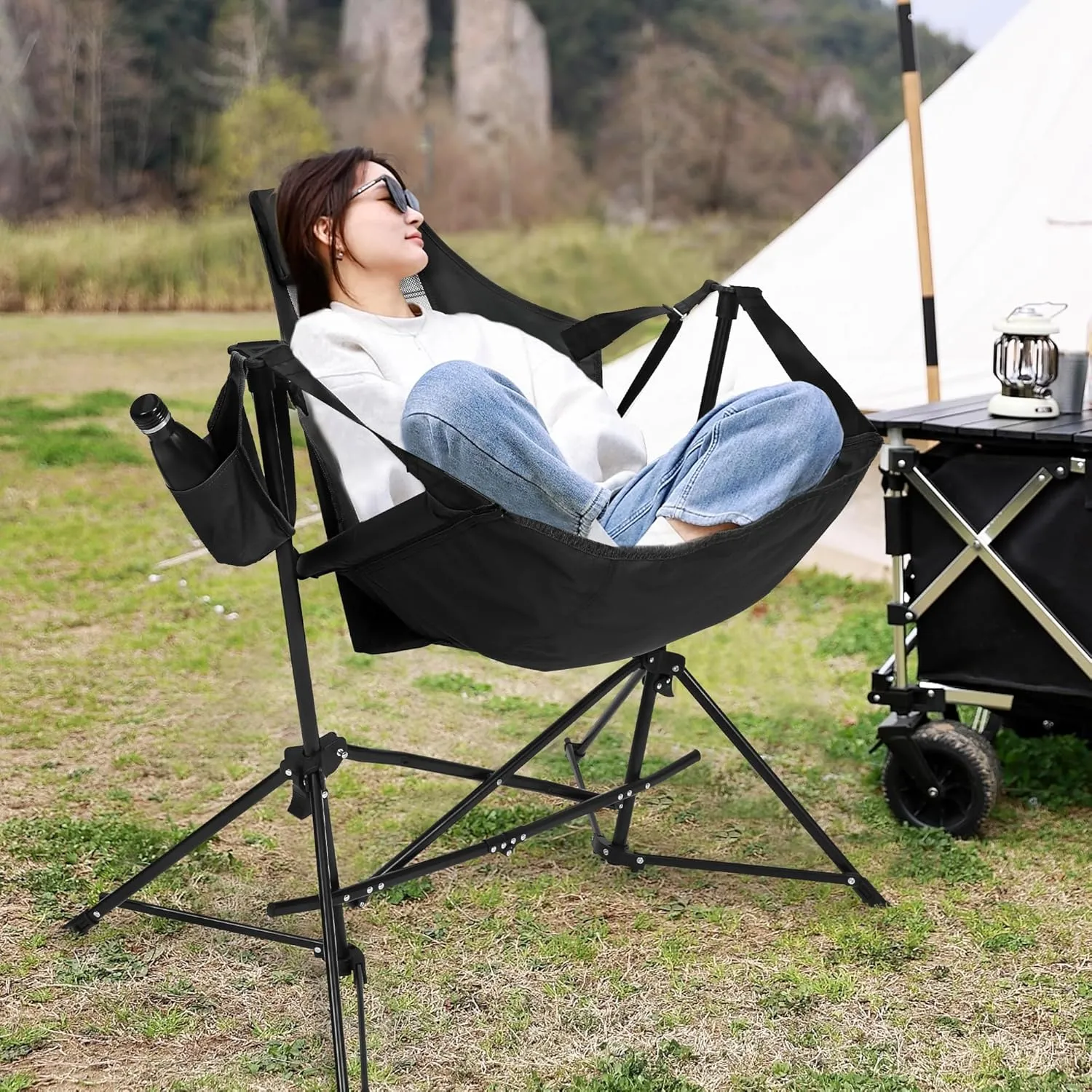 HOMEFUN Hammock Camping Chair - Portable Swinging Chairs for Adults with Stand and Storage Bag, Oversized Folding Rocking for Lawn Camp Fishing Hiking, Black