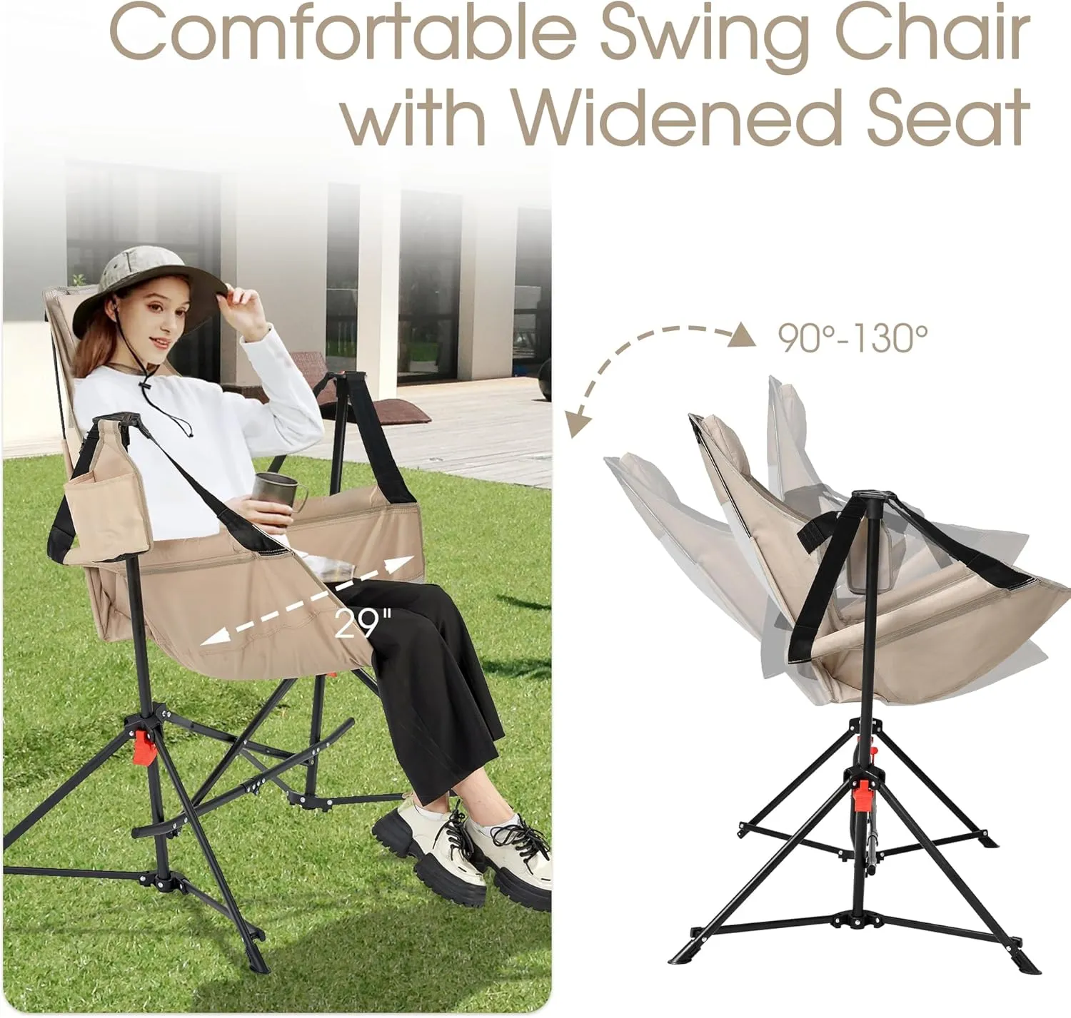 HOMEFUN Hammock Camping Chair - Portable Swinging Chairs for Adults with Stand and Storage Bag, Oversized Folding Rocking for Lawn Camp Fishing Hiking, Khaki
