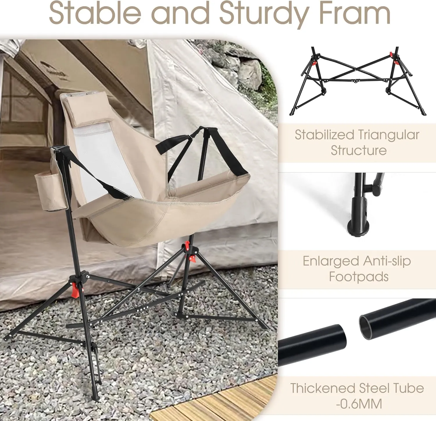 HOMEFUN Hammock Camping Chair - Portable Swinging Chairs for Adults with Stand and Storage Bag, Oversized Folding Rocking for Lawn Camp Fishing Hiking, Khaki