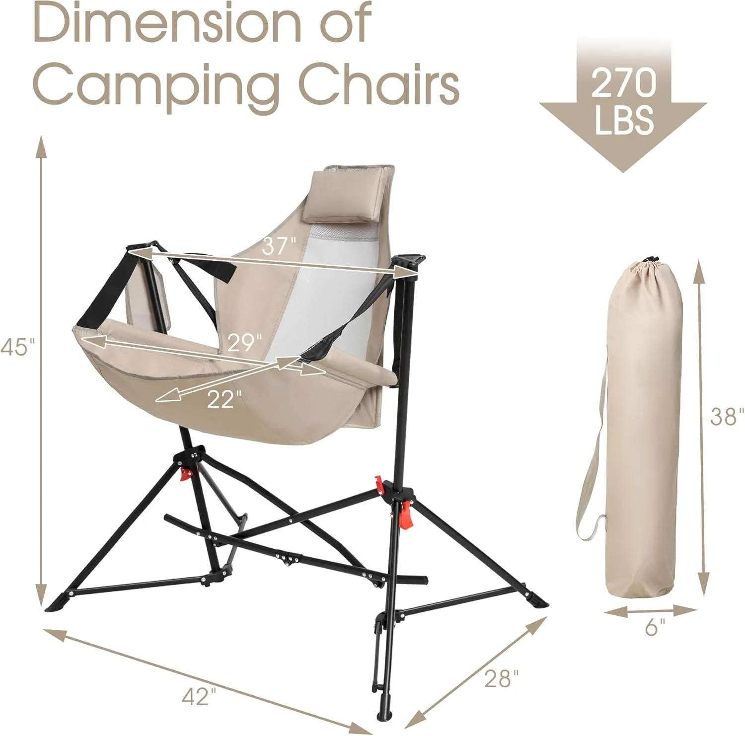 HOMEFUN Hammock Camping Chair - Portable Swinging Chairs for Adults with Stand and Storage Bag, Oversized Folding Rocking for Lawn Camp Fishing Hiking, Khaki