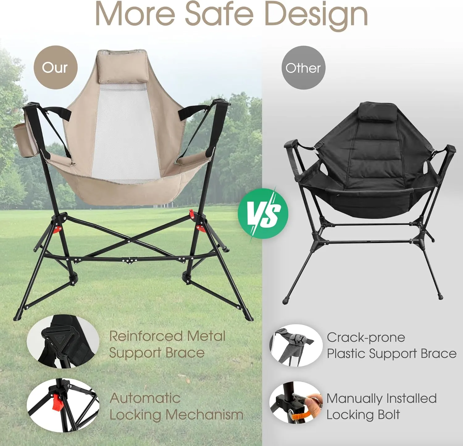 HOMEFUN Hammock Camping Chair - Portable Swinging Chairs for Adults with Stand and Storage Bag, Oversized Folding Rocking for Lawn Camp Fishing Hiking, Khaki