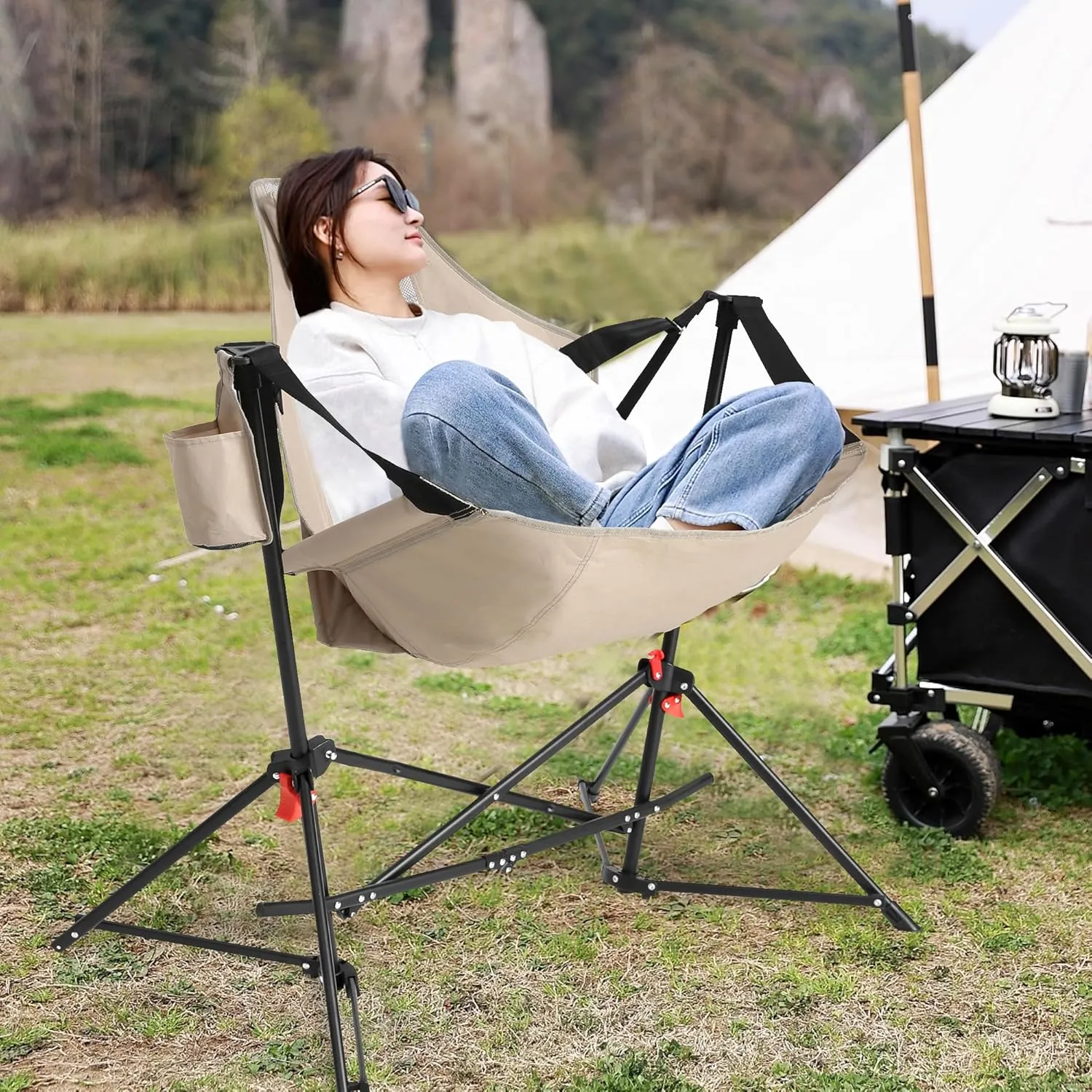 HOMEFUN Hammock Camping Chair - Portable Swinging Chairs for Adults with Stand and Storage Bag, Oversized Folding Rocking for Lawn Camp Fishing Hiking, Khaki