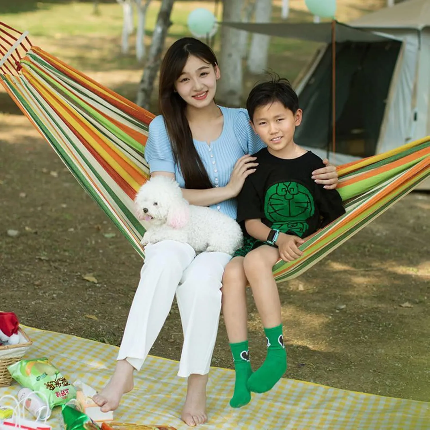 HUHJYUGE Camping Hammock, Double or Single Hammocks, Brazilian-Style Cotton Hammock, with Hanging Ropes & Carry Bag Large, for Outdoor, Travel, Hiking, Backpacking, Beach (A 260x80cm)