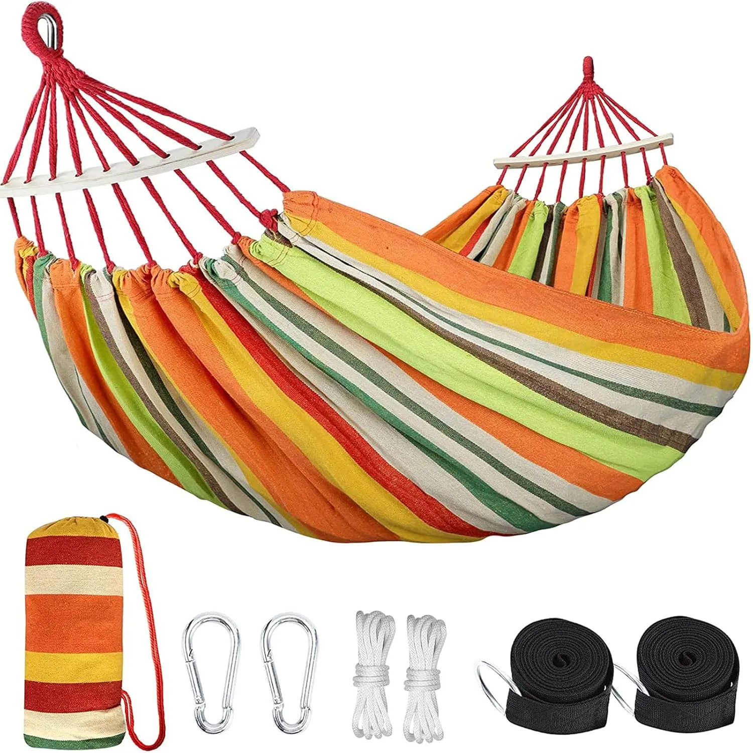 HUHJYUGE Camping Hammock, Double or Single Hammocks, Brazilian-Style Cotton Hammock, with Hanging Ropes & Carry Bag Large, for Outdoor, Travel, Hiking, Backpacking, Beach (A 260x80cm)