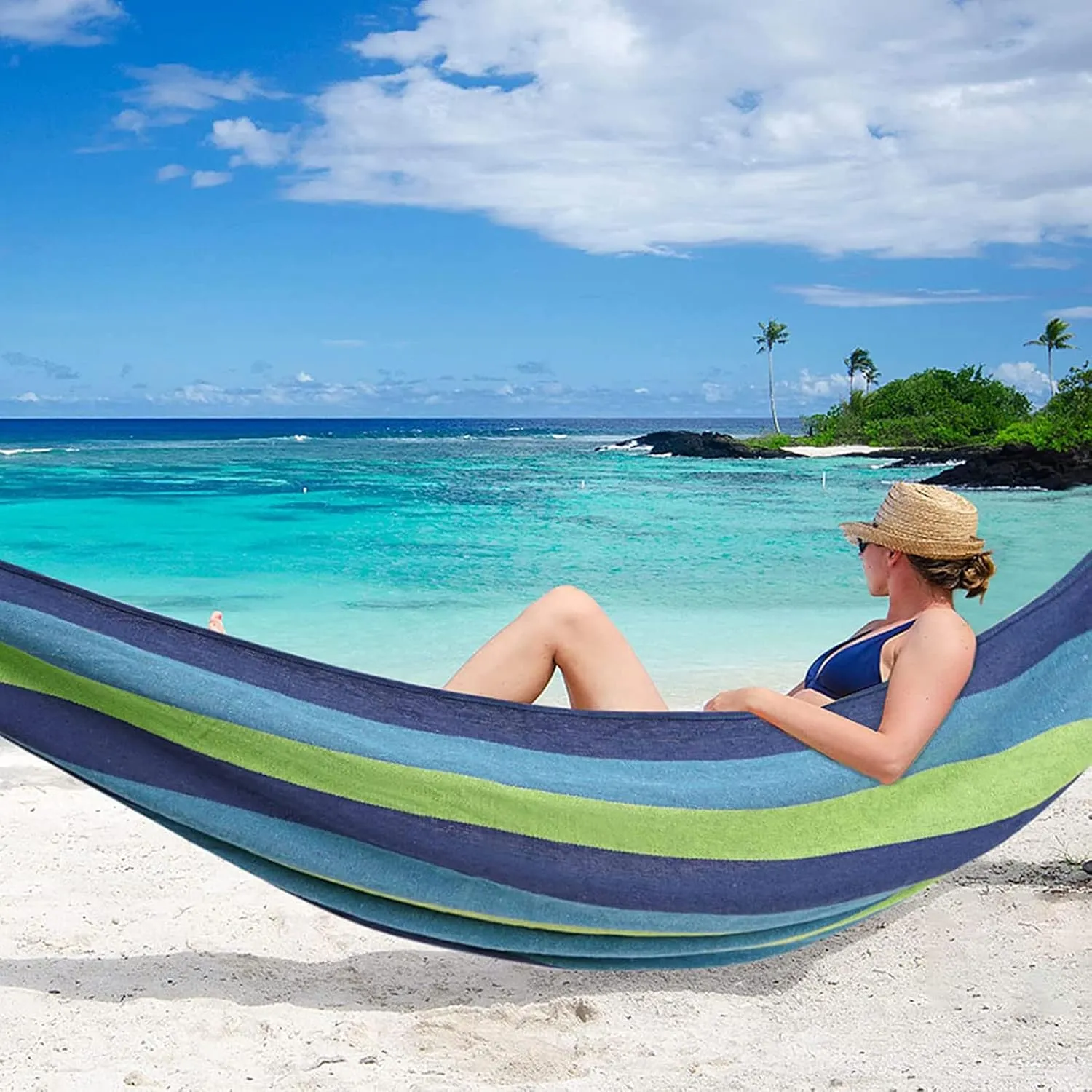 HUHJYUGE Camping Hammock, Portable Hammocks, Hammocks for Outside, Cotton Hammock with 2 Tree Straps and Carry Bag, for Outdoor Hiking, Backpacking, Travel, Backyard, Beach (B 260x100cm)