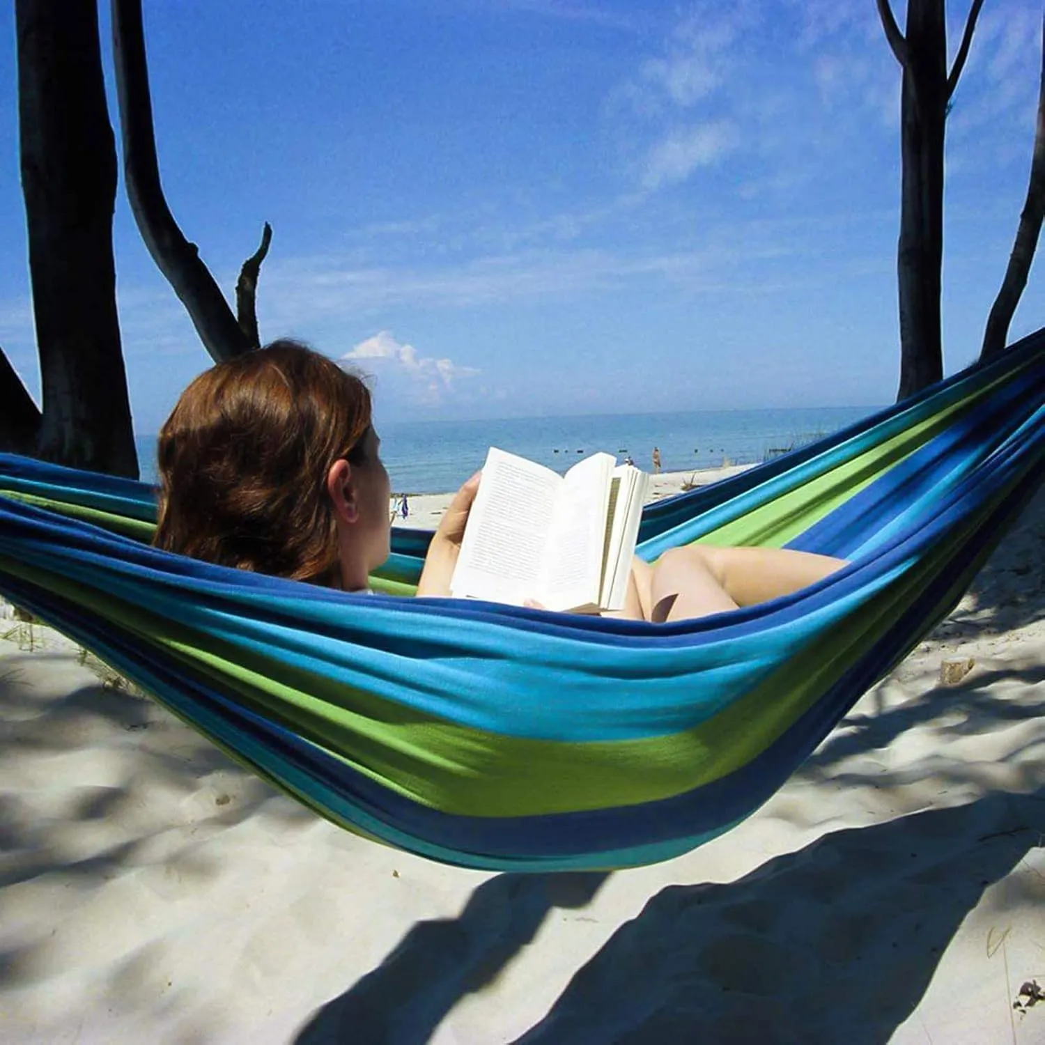 HUHJYUGE Camping Hammock, Portable Hammocks, Hammocks for Outside, Cotton Hammock with 2 Tree Straps and Carry Bag, for Outdoor Hiking, Backpacking, Travel, Backyard, Beach (B 260x100cm)