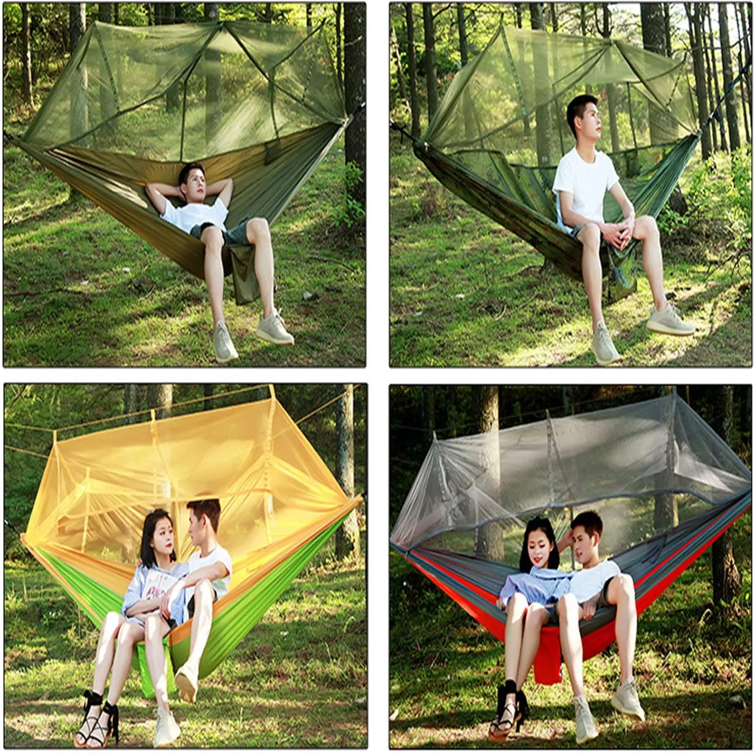 HUHJYUGE Camping Hammock, Portable Outdoor Hammock with Mosquito Net, Lightweight Double/Single Travel Hammock Parachute Fabric, for Hiking, Backpacking, Jungle, Backyard (I)